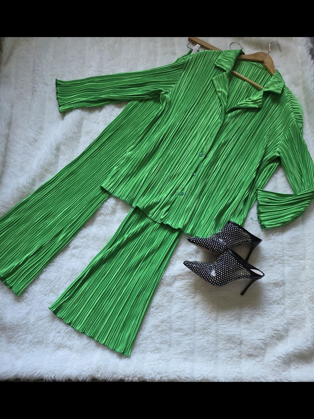 Green Pleated Button-Up Pantsuit Set